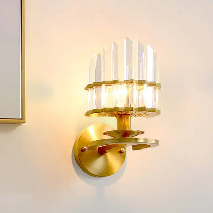 Gold crystal block modern wall lamp by Decorbites; brass-gold finish with crystal panels on Tampa Home & Garden Store