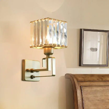 Gold Crystal Block Light wall sconce with brass arm and faceted shade on Tampa Home & Garden Store