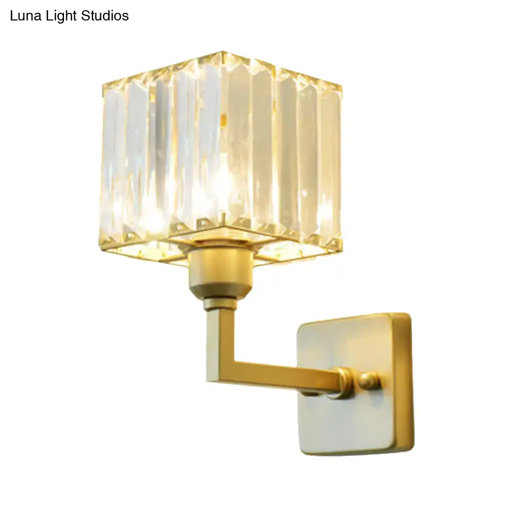Gold crystal block light wall sconce with brass arm and clear glass shade Decorbites on Tampa Home & Garden Store