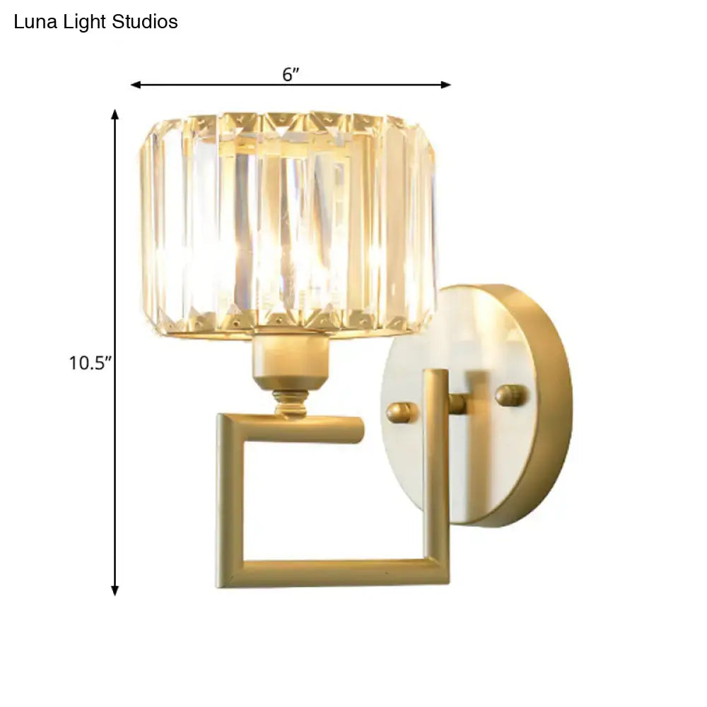 Gold crystal block light wall sconce by Decorbites, brass finish, faceted crystal shade, 10.5in tall on Tampa Home & Garden Store