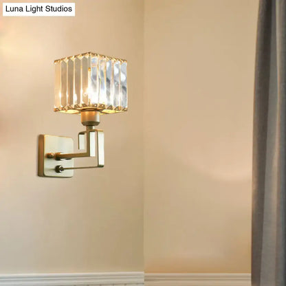 Gold Crystal Block Light wall sconce with brass mount and faceted crystal cube shade by Decorbites on Tampa Home & Garden Store