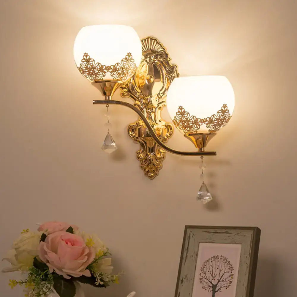 Gold crystal bowl lace cutout sconce with dual arms and frosted glass shades Decorbites on Tampa Home & Garden Store