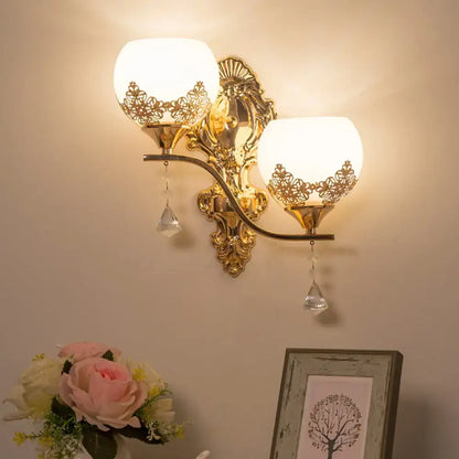 Gold crystal bowl lace cutout sconce with dual arms and frosted glass shades Decorbites on Tampa Home & Garden Store