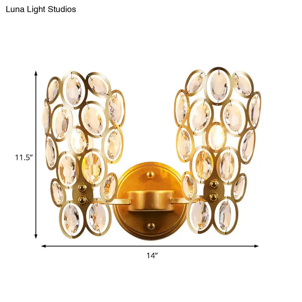 Gold crystal circles wall light by Decorbites, faceted discs dual gold sconce 14in wide on Tampa Home & Garden Store