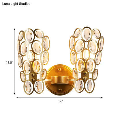 Gold crystal circles wall light by Decorbites, faceted discs dual gold sconce 14in wide on Tampa Home & Garden Store