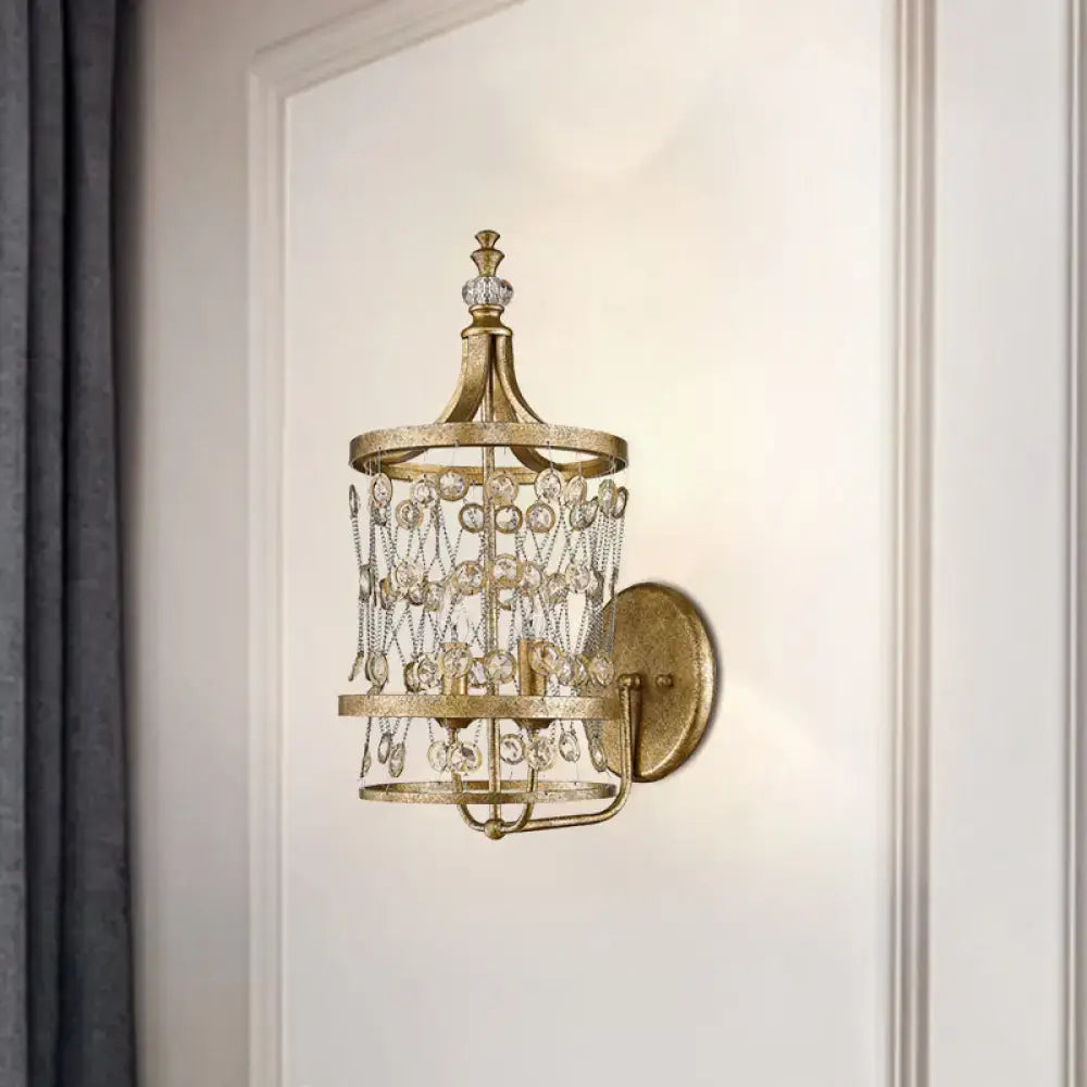 Gold crystal cylinder cage wall light by Decorbites with crystal beads and backplate on Tampa Home & Garden Store