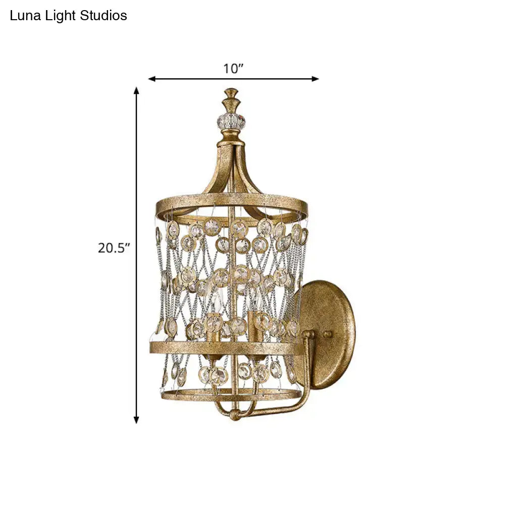 Gold Crystal Cylinder Cage Wall Light by Decorbites; gold-tone metal sconce with crystal beads on Tampa Home & Garden Store