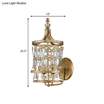 Gold Crystal Cylinder Cage Wall Light by Decorbites; gold-tone metal sconce with crystal beads on Tampa Home & Garden Store