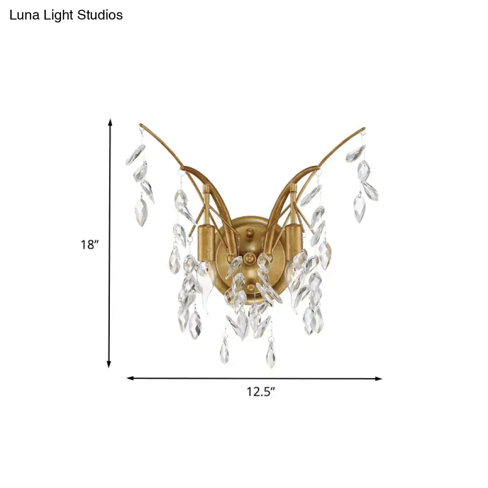 Gold crystal drop sconce with hanging crystals in a gold finish Decorbites 18 tall 12.5 wide on Tampa Home & Garden Store