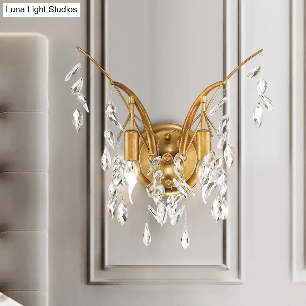 Gold crystal drop sconce, brass gold finish with crystal prisms by Decorbites on Tampa Home & Garden Store