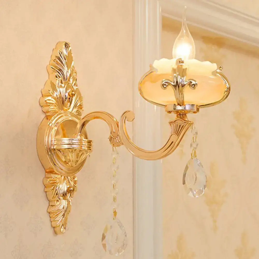 Decorbites modern gold crystal droplet wall mount light with ornate leaf backplate, sconce on Tampa Home & Garden Store