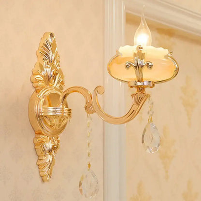 Decorbites modern gold crystal droplet wall mount light with ornate leaf backplate, sconce on Tampa Home & Garden Store