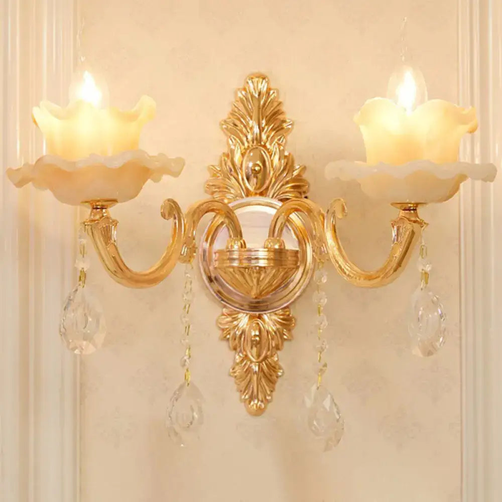 Modern gold crystal droplet wall sconce with two candle bulbs, Decorbites on Tampa Home & Garden Store