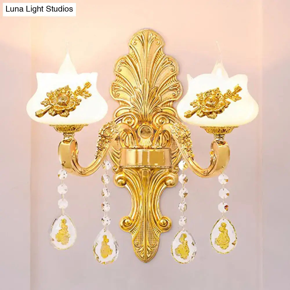 Modern gold crystal droplet wall sconce with two arms, Decorbites, crystal drops on Tampa Home & Garden Store