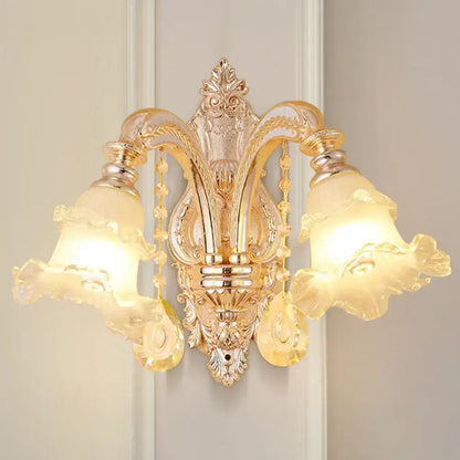 Modern gold crystal droplet wall sconce with backplate and dual frosted glass shades by Decorbites on Tampa Home & Garden Store