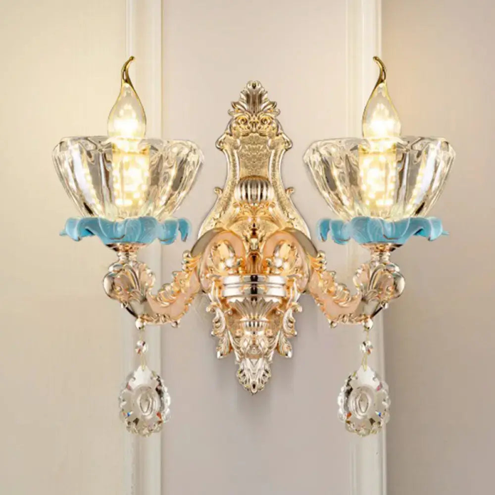 Modern gold crystal droplet wall mount light sconce by Decorbites, two-light with crystal drops on Tampa Home & Garden Store