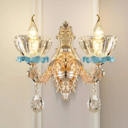 Modern gold crystal droplet wall mount light sconce by Decorbites, two-light with crystal drops on Tampa Home & Garden Store