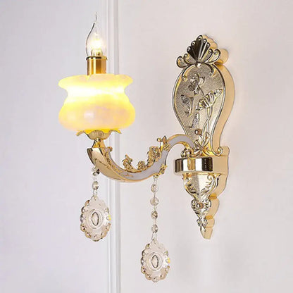 Gold crystal droplet wall sconce with yellow glass shade and hanging crystal drops by Decorbites on Tampa Home & Garden Store