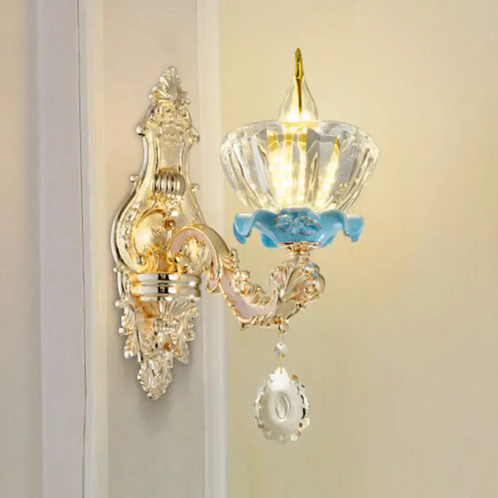 Modern gold crystal droplet wall sconce by Decorbites with ornate gold mount on Tampa Home & Garden Store