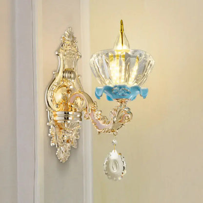 Modern gold crystal droplet wall sconce by Decorbites with ornate gold mount on Tampa Home & Garden Store