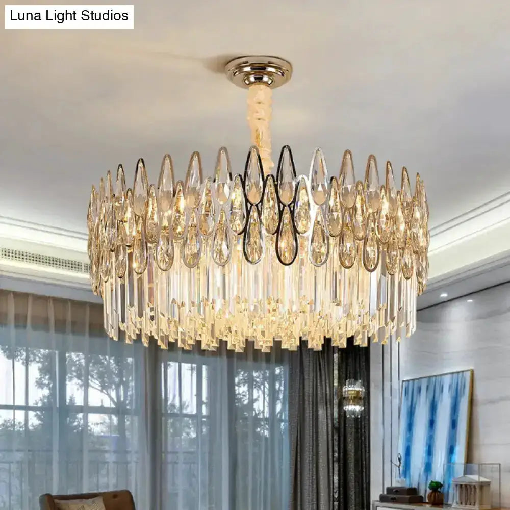 Modern gold crystal drum pendant light by Decorbites with hanging crystals for living room on Tampa Home & Garden Store