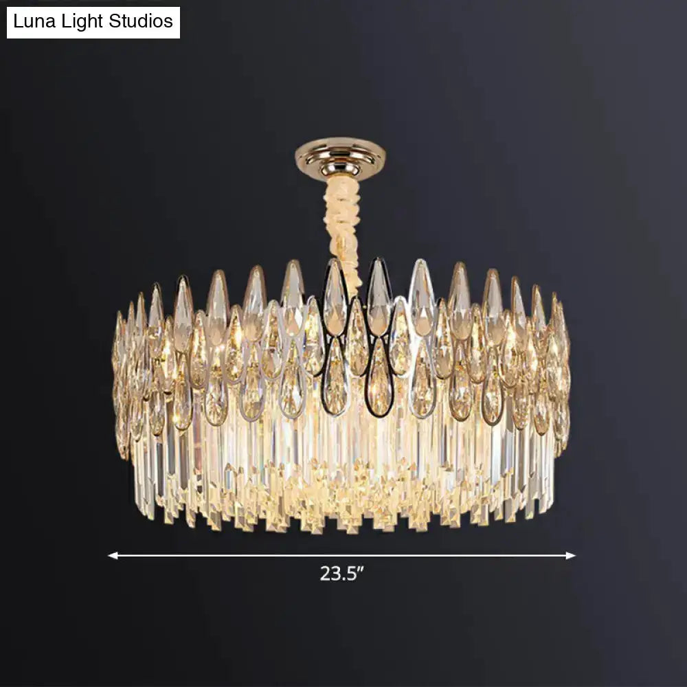 Modern gold crystal drum pendant light by Decorbites, 23.5in wide with crystal teardrop prisms on Tampa Home & Garden Store