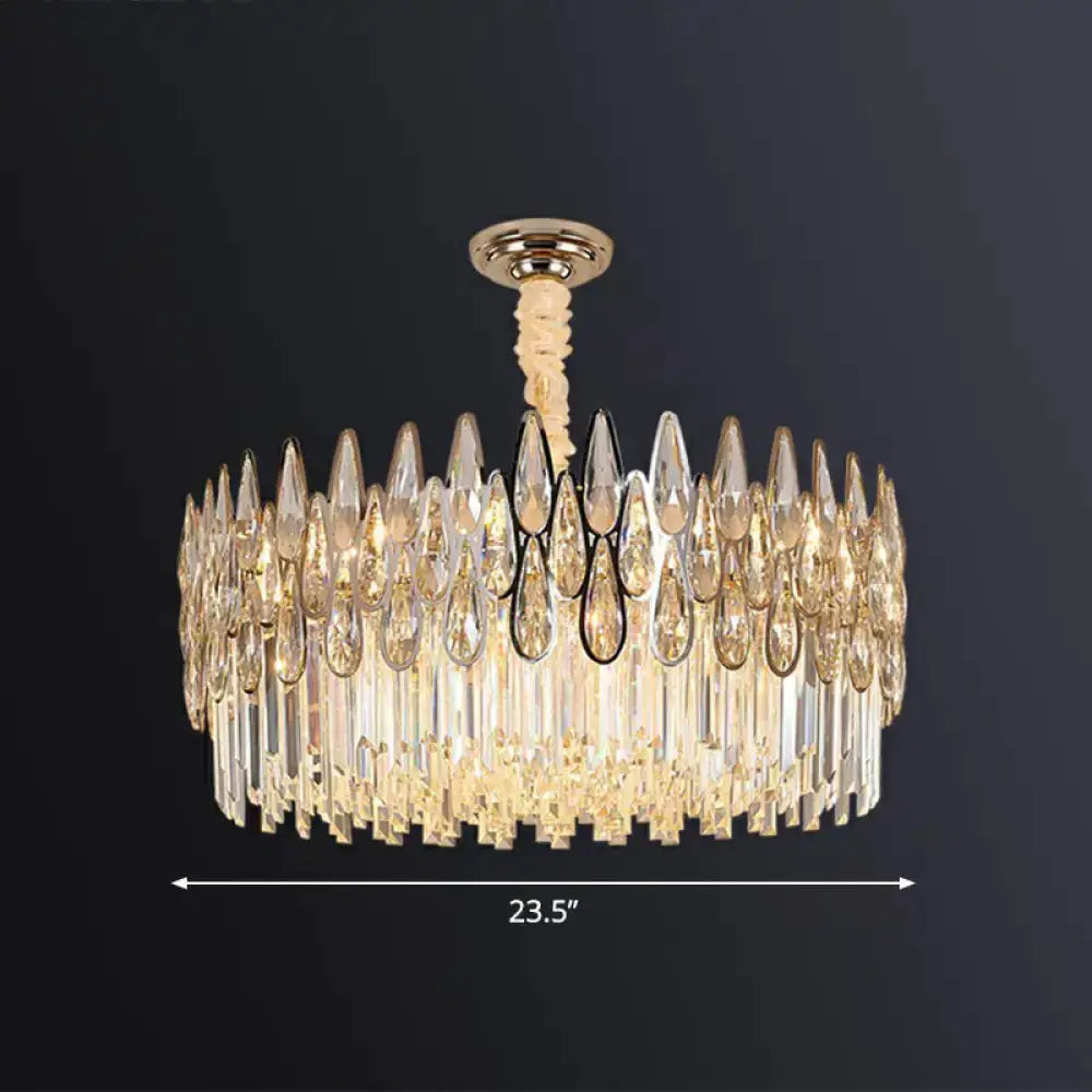 Modern gold crystal drum pendant light by Decorbites, crystal teardrop prisms, 23.5 inch diameter on Tampa Home & Garden Store