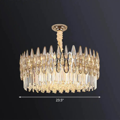 Modern gold crystal drum pendant light by Decorbites, crystal teardrop prisms, 23.5 inch diameter on Tampa Home & Garden Store
