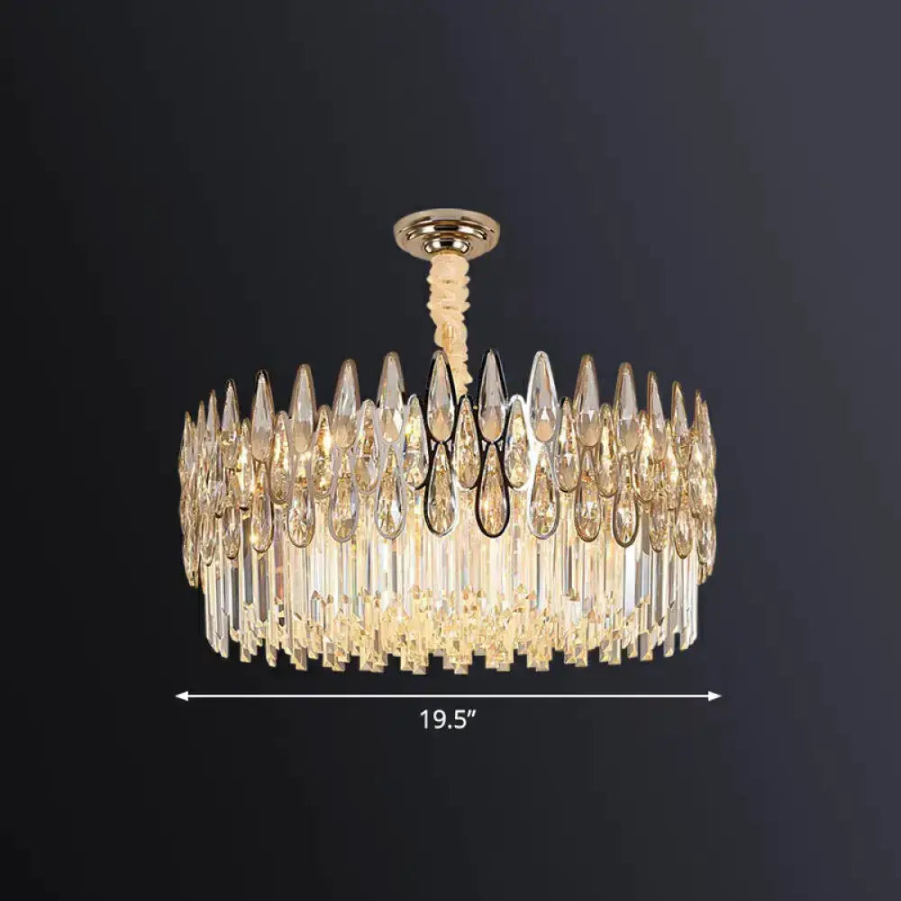Modern gold crystal drum pendant light by Decorbites, round chandelier with teardrop prisms on Tampa Home & Garden Store