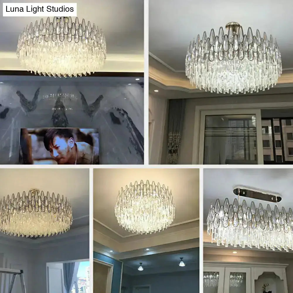 Modern gold crystal drum pendant light for living room by Decorbites with crystal drops on Tampa Home & Garden Store