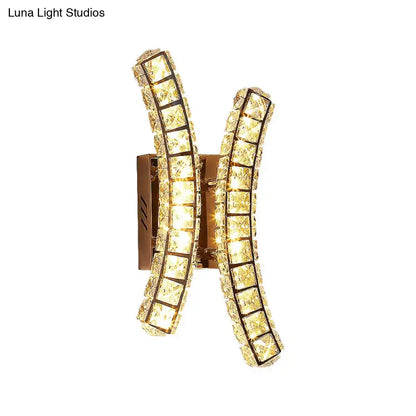 Gold crystal dual sconce with two curved arms of square crystals on bronze backplate Decorbites on Tampa Home & Garden Store