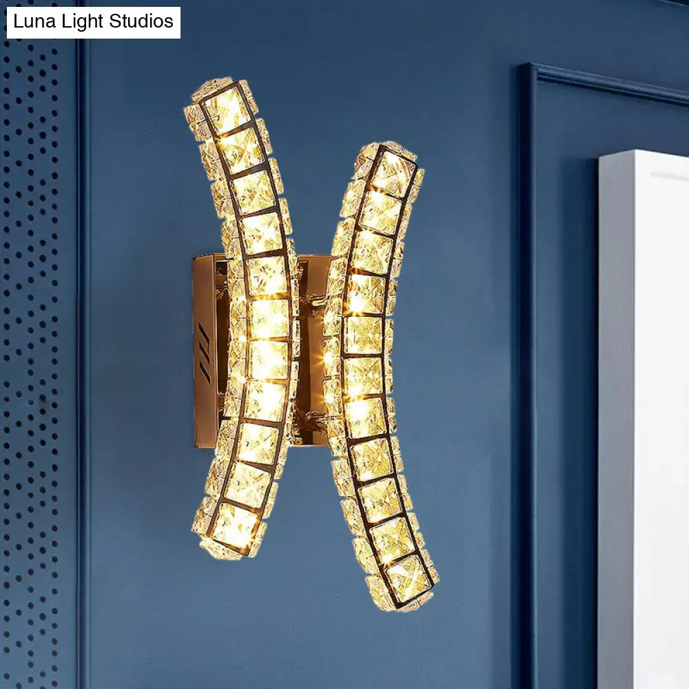 Gold Crystal Dual Sconce by Decorbites, wall-mounted X-shaped fixture with crystal blocks on Tampa Home & Garden Store