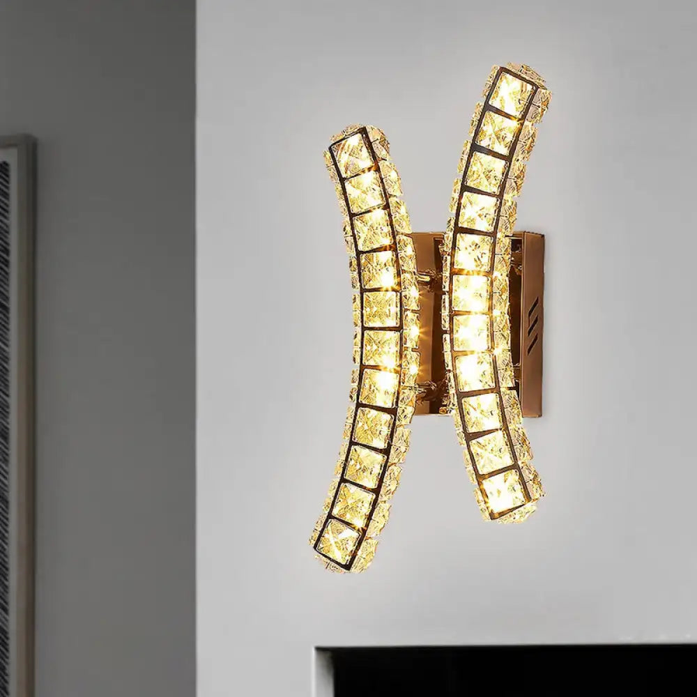 Gold Crystal Dual Sconce wall light with two curved crystal bars on a brass backplate on Tampa Home & Garden Store