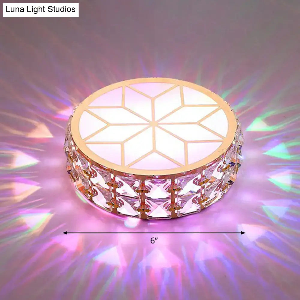 Gold crystal flush light by Decorbites, round gold frame and crystal panes, rainbow glow on Tampa Home & Garden Store