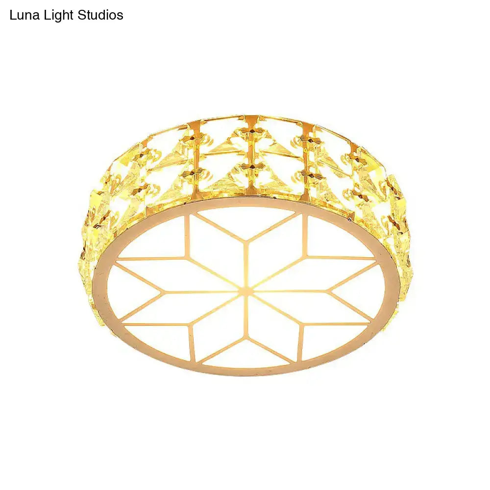 Gold Crystal Flush Light round gold flush mount with crystal accents and lattice pattern on Tampa Home & Garden Store