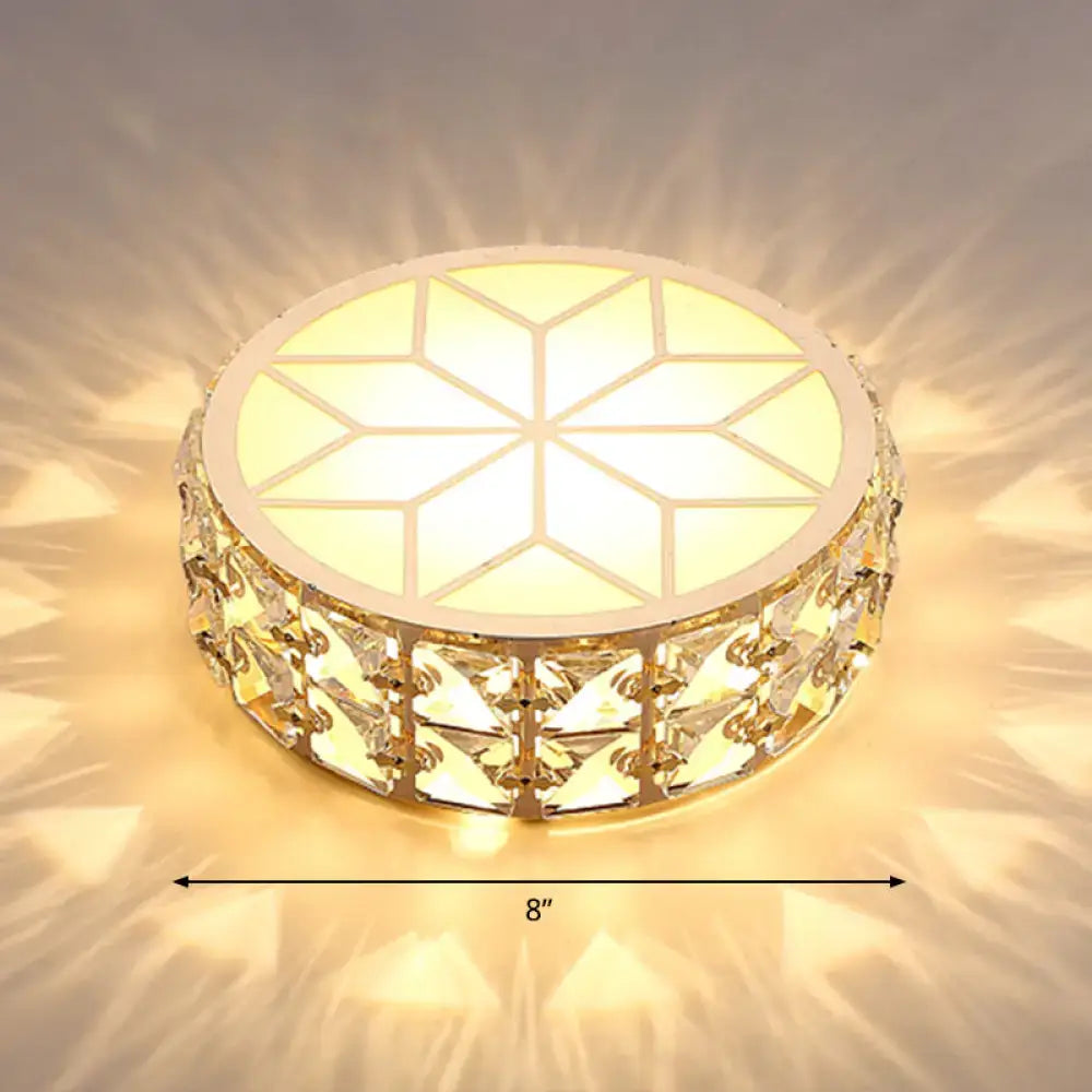 Gold Crystal Flush Light, 8-inch round flush mount with gold frame and crystal prisms, warm glow on Tampa Home & Garden Store