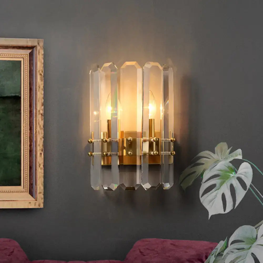 Gold crystal half-cylinder wall lamp by Decorbites with faceted prisms and brass mount on Tampa Home & Garden Store