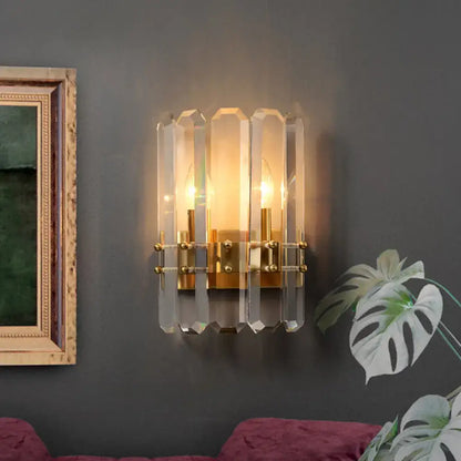 Gold crystal half-cylinder wall lamp by Decorbites with faceted prisms and brass mount on Tampa Home & Garden Store