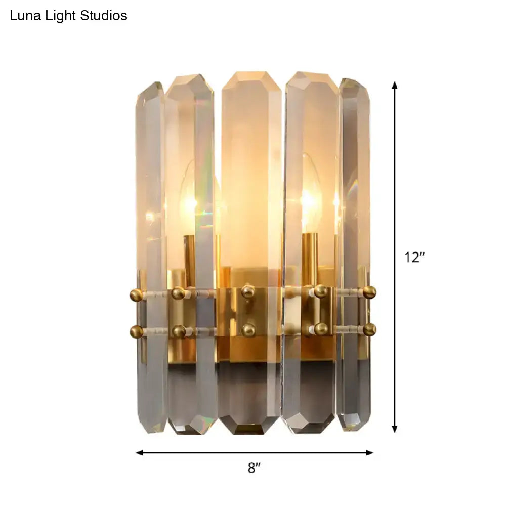 Gold crystal half-cylinder wall lamp by Decorbites with clear prisms and brass accents on Tampa Home & Garden Store