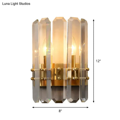 Gold crystal half-cylinder wall lamp by Decorbites with clear prisms and brass accents on Tampa Home & Garden Store