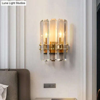 Gold Crystal Half-Cylinder Wall Lamp by Decorbites, gold metal base with clear crystal prisms on Tampa Home & Garden Store