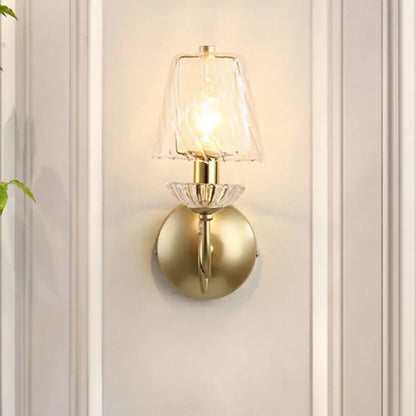 Gold Crystal Industrial Glow Wall Sconce by Decorbites; brass backplate, clear glass shade on Tampa Home & Garden Store