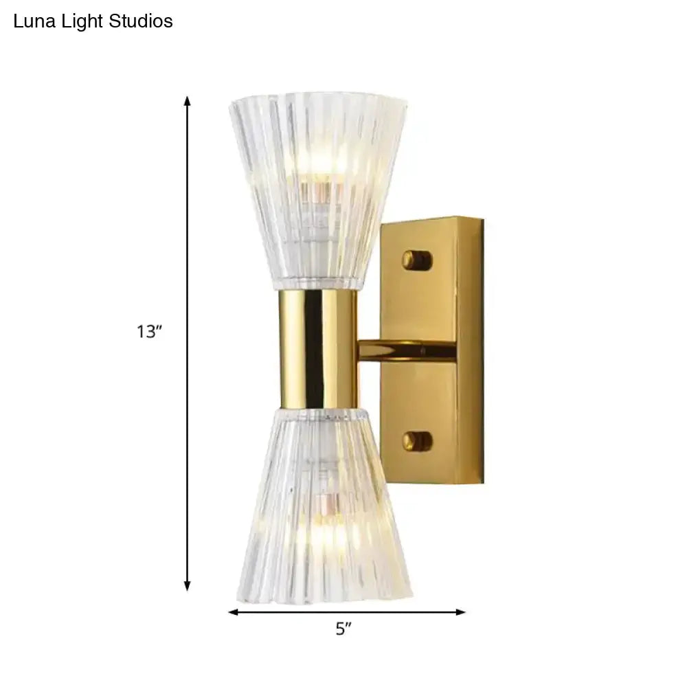 Decorbites crystal hourglass wall light fixture with ribbed glass shades and brass backplate on Tampa Home & Garden Store