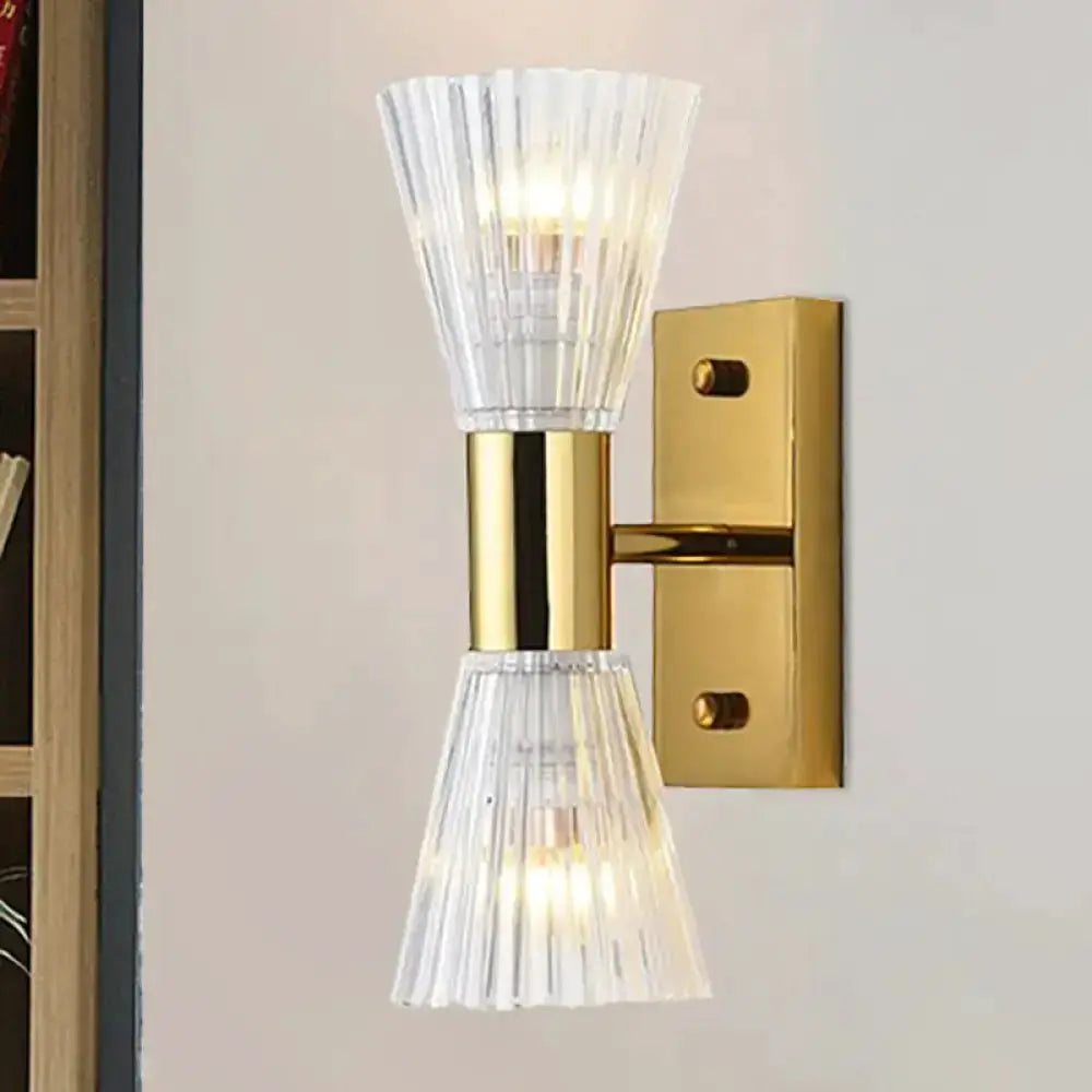 Modern gold crystal hourglass wall light fixture by Decorbites with cone crystal shades on Tampa Home & Garden Store