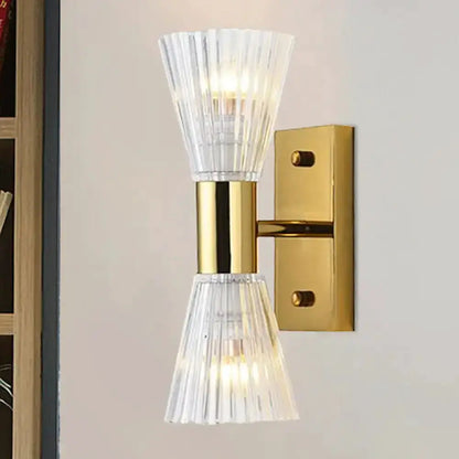 Modern gold crystal hourglass wall light fixture by Decorbites with cone crystal shades on Tampa Home & Garden Store