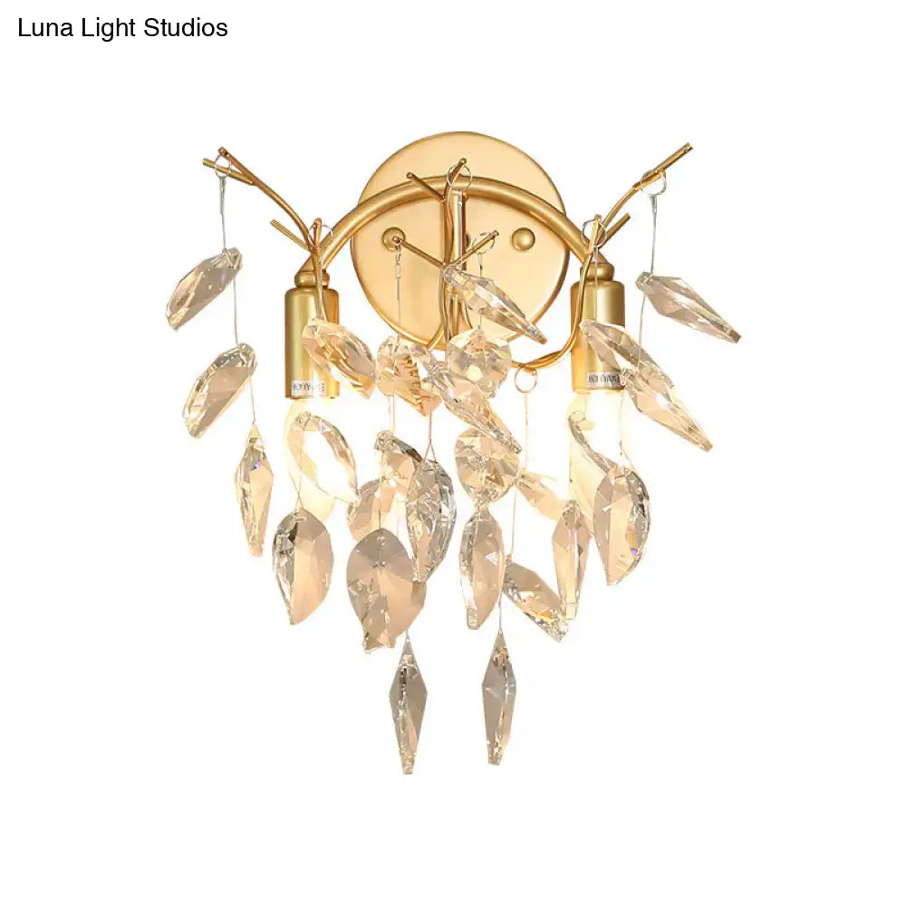 Gold crystal leaf branch wall sconce by Decorbites metal frame with hanging crystal leaves on Tampa Home & Garden Store