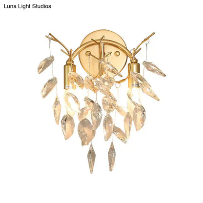 Gold crystal leaf branch wall sconce by Decorbites metal frame with hanging crystal leaves on Tampa Home & Garden Store