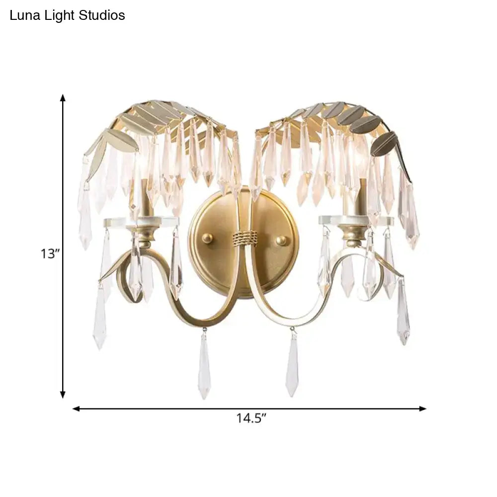 Gold Bent Arm Wall Sconce with crystal prisms, brass finish, Decorbites, 2-light fixture on Tampa Home & Garden Store