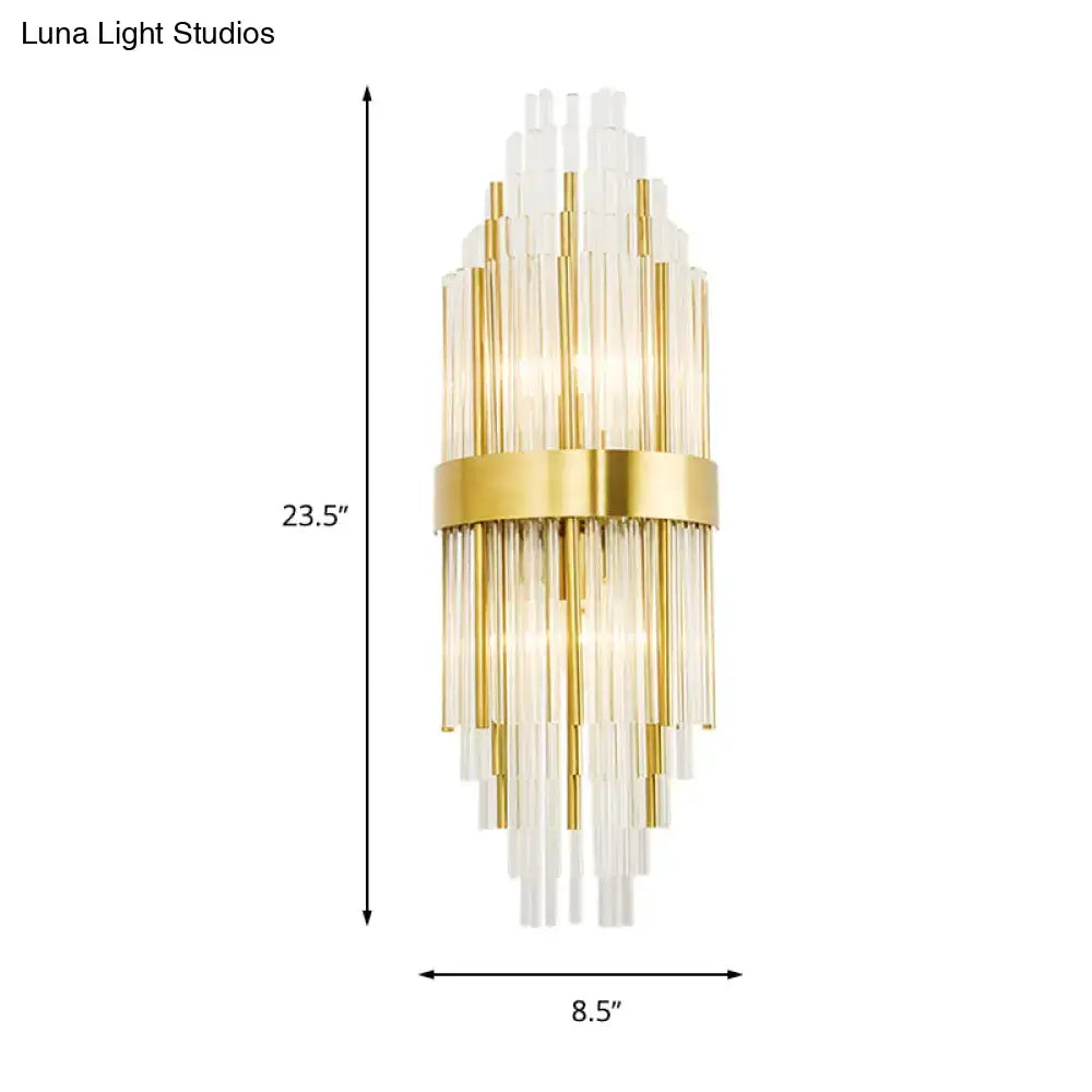 Gold cascading glass sconce by Decorbites 23.5in tall 8.5in wide with glass rods and gold band on Tampa Home & Garden Store