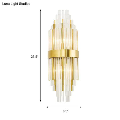 Gold cascading glass sconce by Decorbites 23.5in tall 8.5in wide with glass rods and gold band on Tampa Home & Garden Store